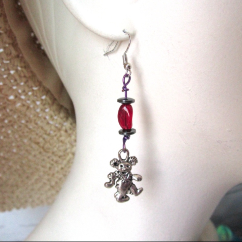 Grateful Dead Bear Red Glass Earrings 2.5" Long